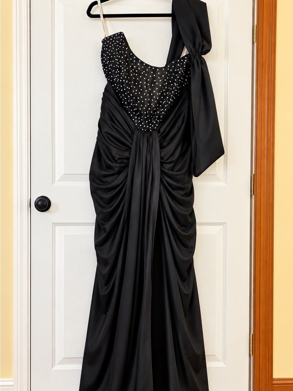 Miss Circle Rhinestone Corset Draped Maxi Dress w/ Front Slit –L